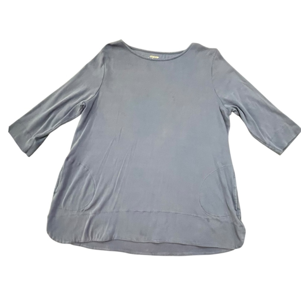 Chico's The Ultimate Tee Two-Pocket Tunic Top Sz Large Petite Blue Grey Casual